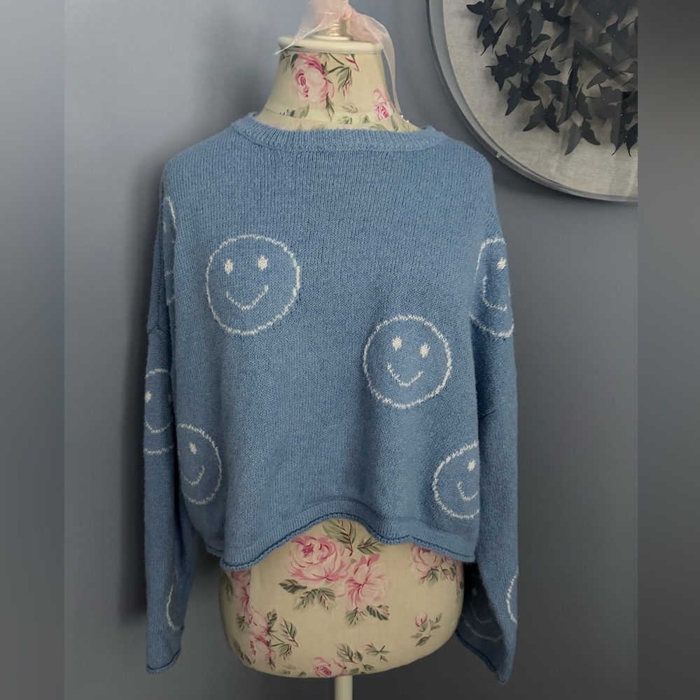Sincerely Jules Blue Smiley Face Sweater